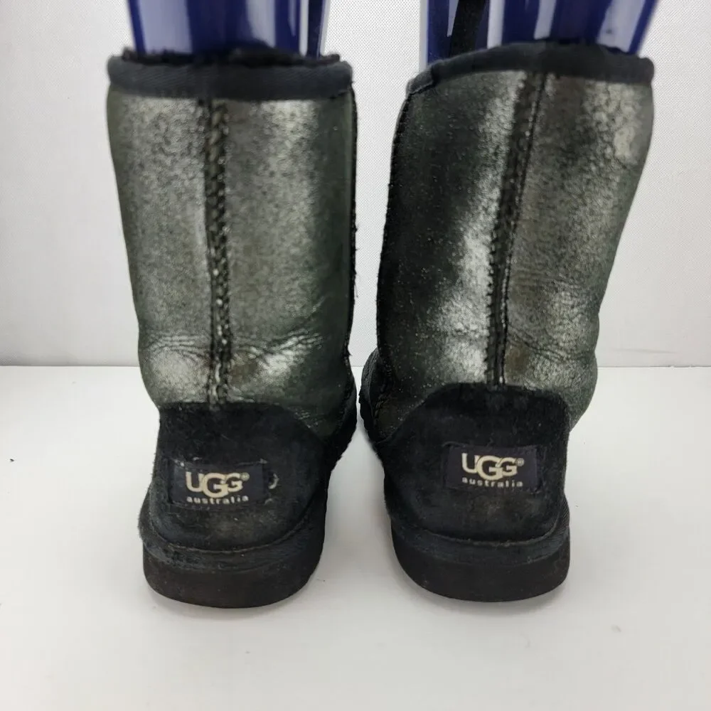 UGG Big Girls Size 6 Black Silver Sparkle Classic Glitter Boots Shoes 1000792